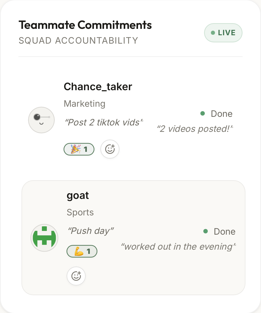 A teammate completed their video goal, posted proof of effort, and received a celebration reaction.